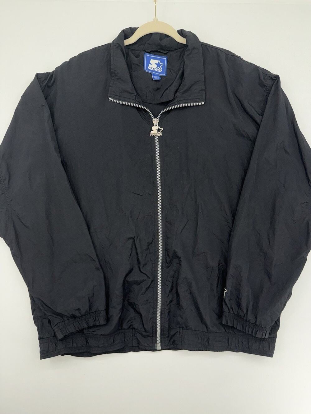 Vintage Starter Windbreaker Jacket Black Mens Sz XL Tall Full Zip Pockets